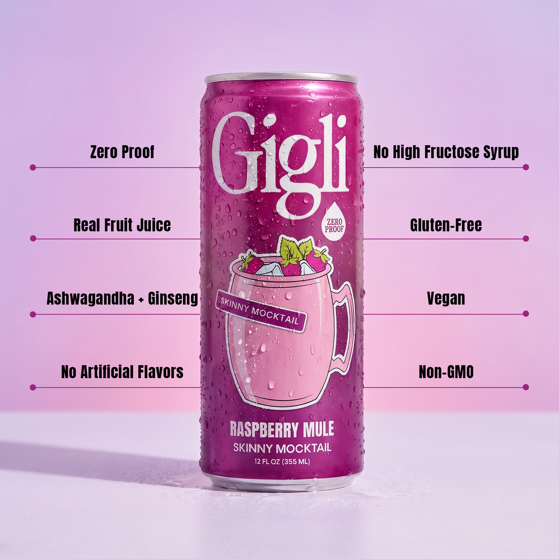 Raspberry Mule SKINNY Mocktail can with benefits: zero proof, real fruit juice, ashwagandha and ginseng, no artificial flavors, no high fructose corn syrup, gluten-free, vegan, non-GMO