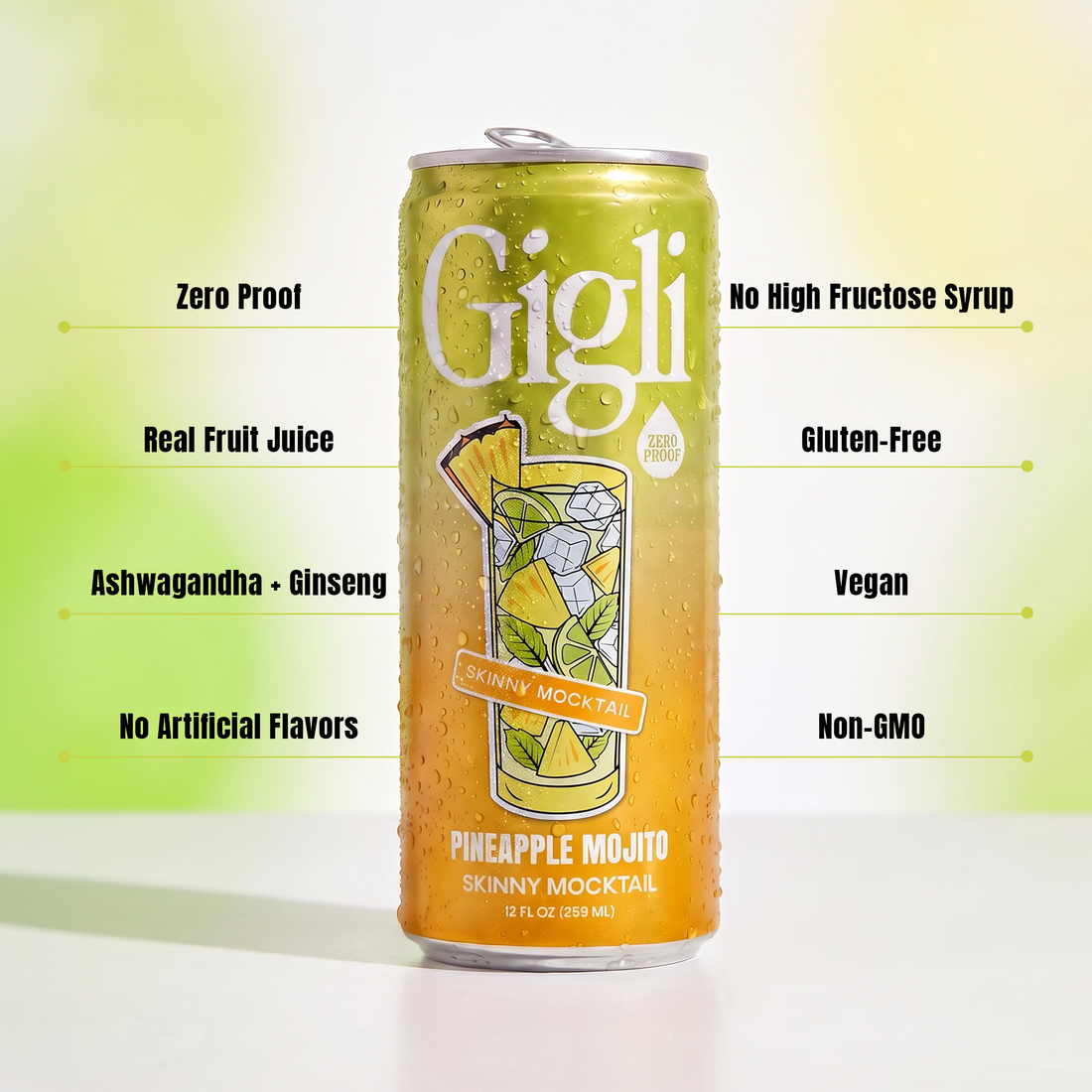 Pineapple Mojito SKINNY Mocktail can with benefits: zero proof, real fruit juice, ashwagandha and ginseng, no artificial flavors, no high fructose corn syrup, gluten-free, vegan, non-GMO