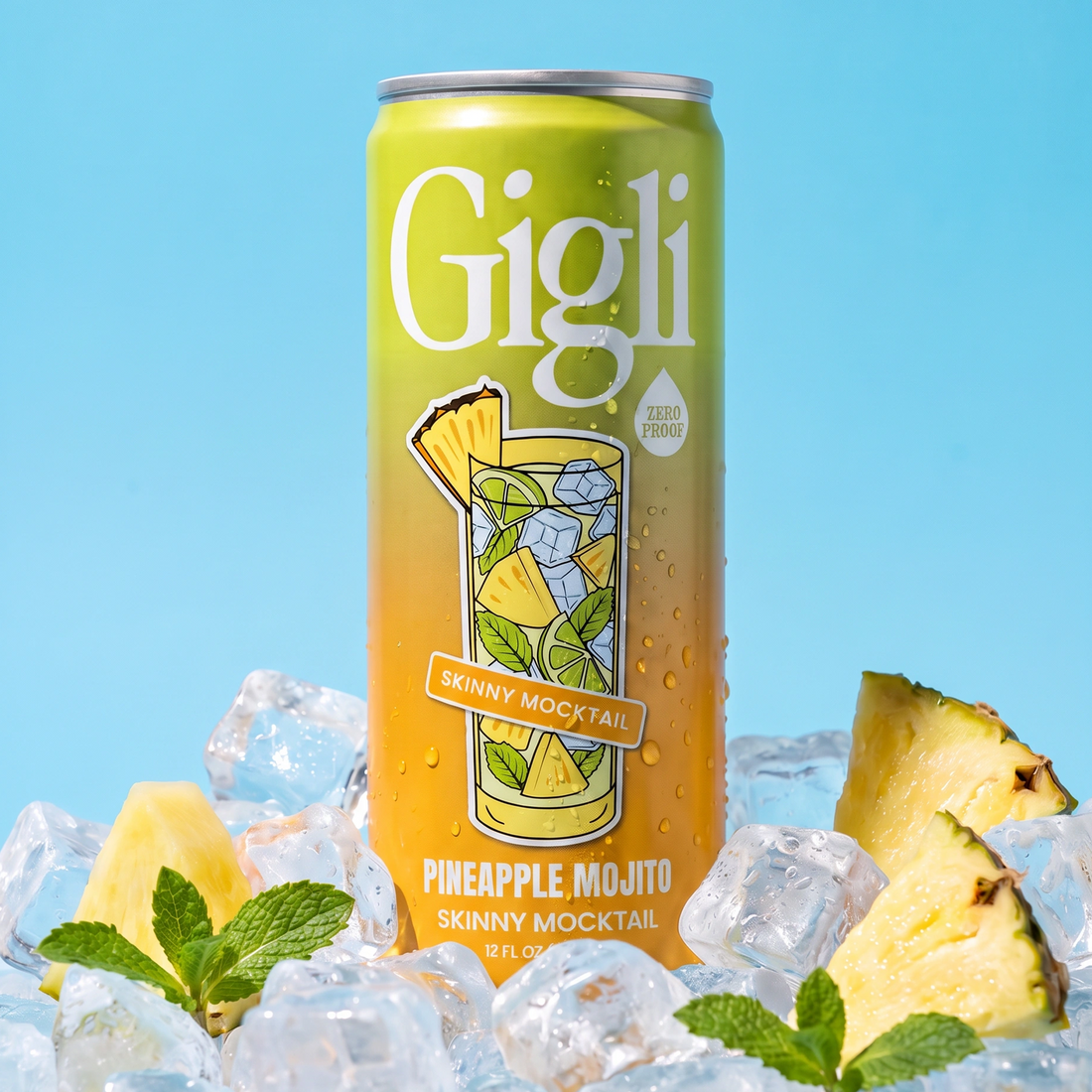 Close-up of a Pineapple Mojito SKINNY Mocktail can surrounded by pineapple, mint and ice