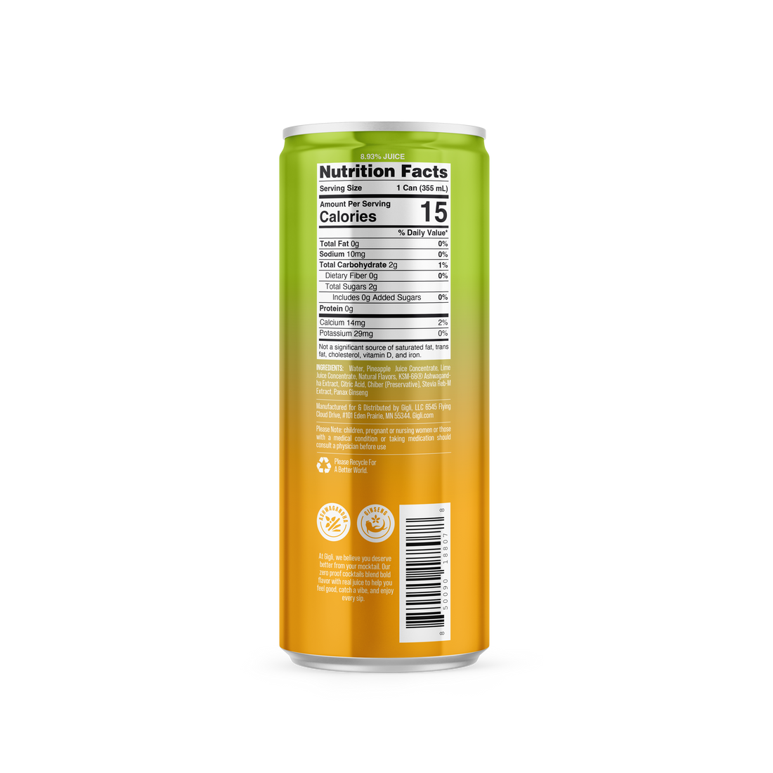Back of the Pineapple Mojito SKINNY Mocktail can showing the nutrition panel