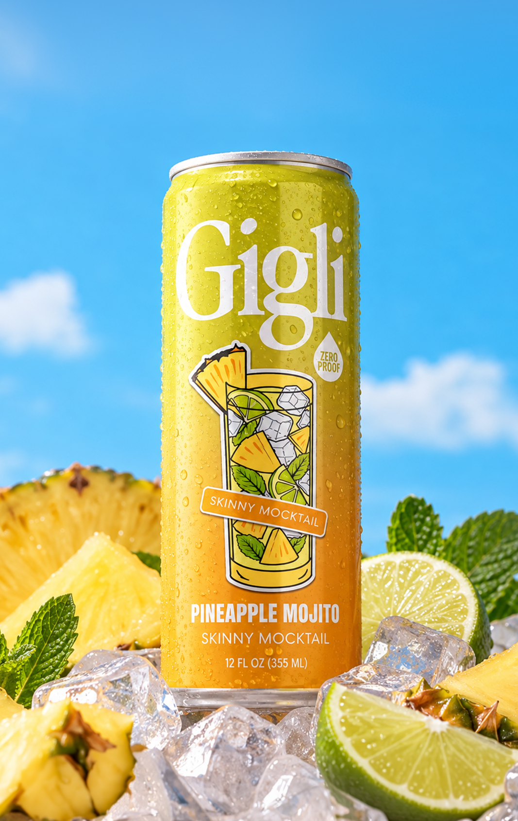 Pineapple Mojito SKINNY Mocktail can on ice with pineapple and lime