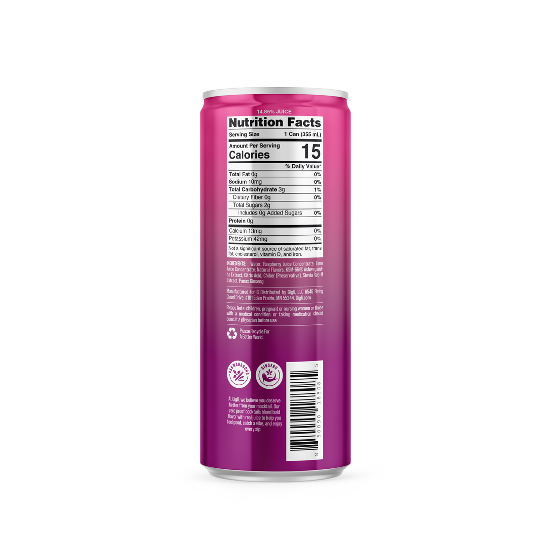 Back of the Raspberry Mule SKINNY Mocktail can showing the nutrition panel