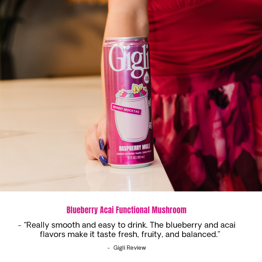 Woman holding a Raspberry Mule SKINNY Mocktail can