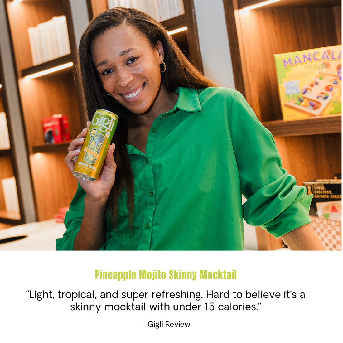 Smiling woman holding a Pineapple Mojito SKINNY Mocktail can, with review: "Light, tropical, and super refreshing. Hard to believe it's a skinny mocktail with under 15 calories."