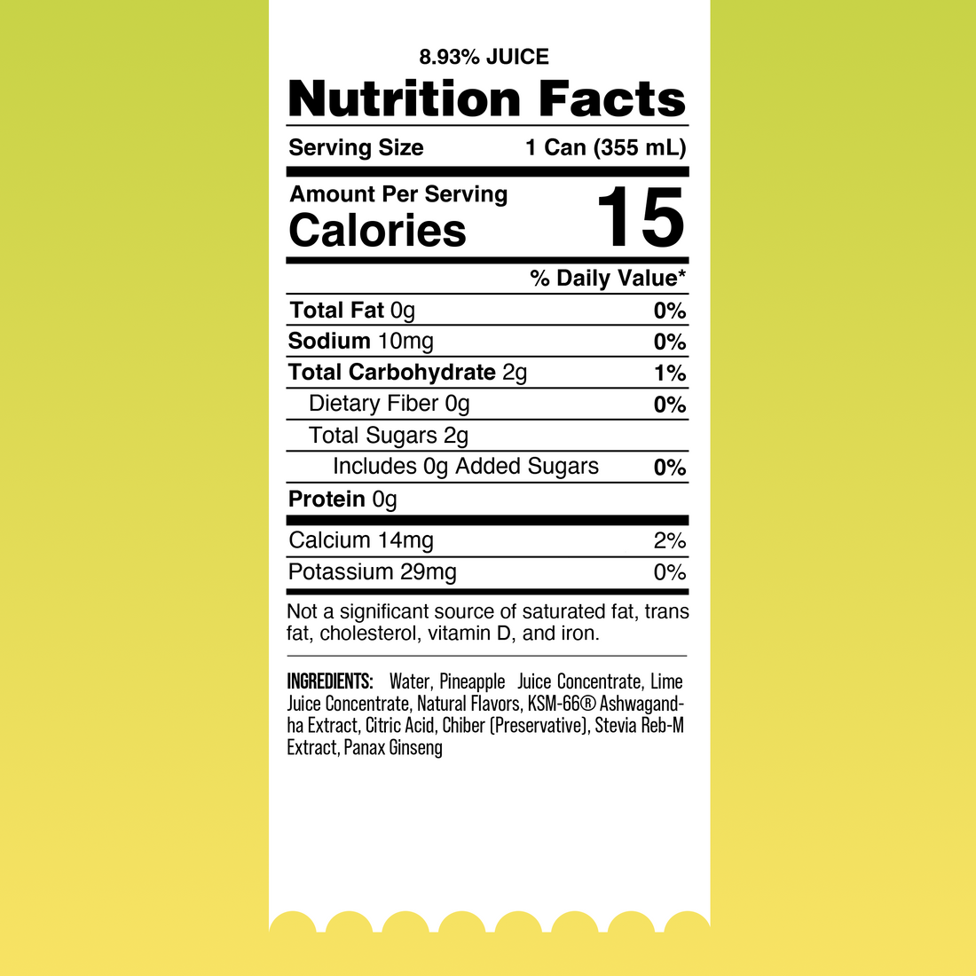 Pineapple Mojito SKINNY Mocktail nutrition facts: 15 calories, 2g sugar, 0g added sugar per 12 fl oz can