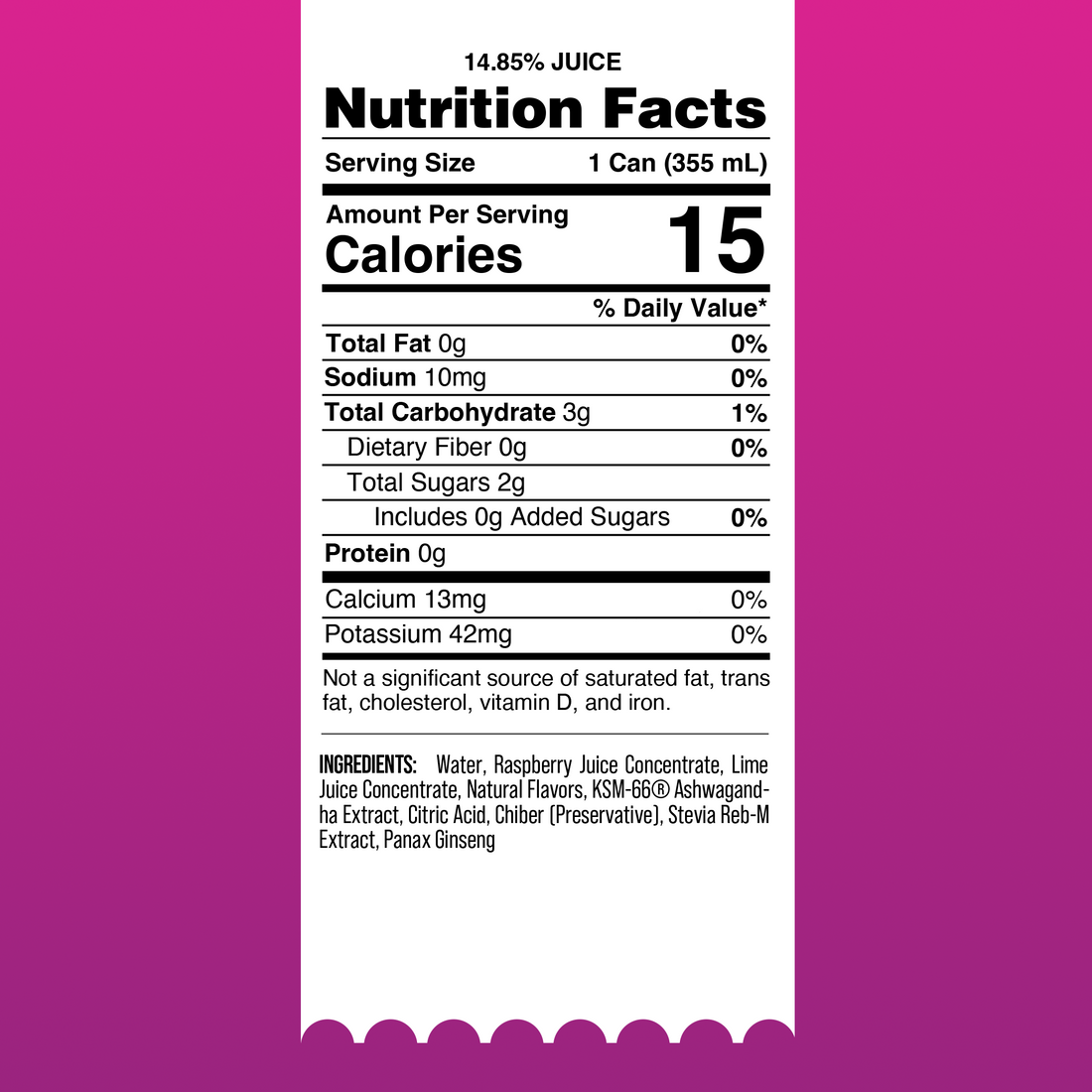 Raspberry Mule SKINNY Mocktail nutrition facts: 15 calories, 2g sugar, 0g added sugar per 12 fl oz can