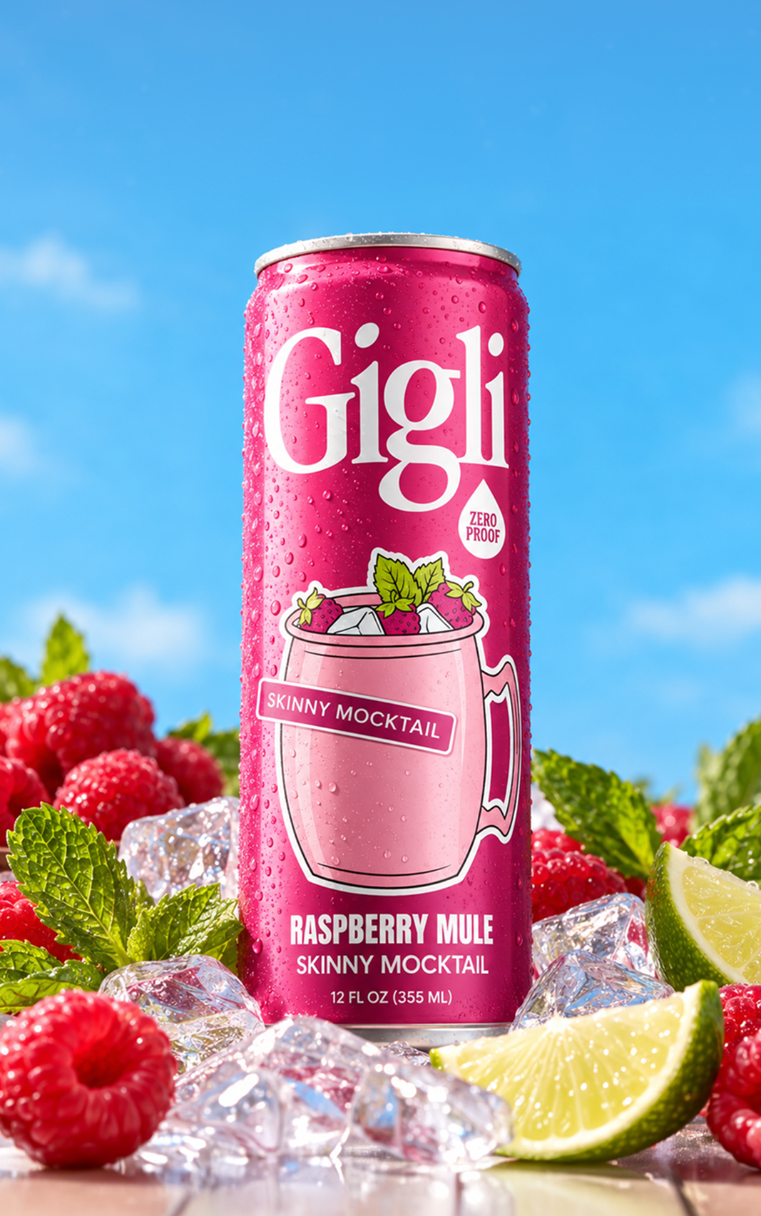Raspberry Mule SKINNY Mocktail can on ice with raspberries, mint and lime