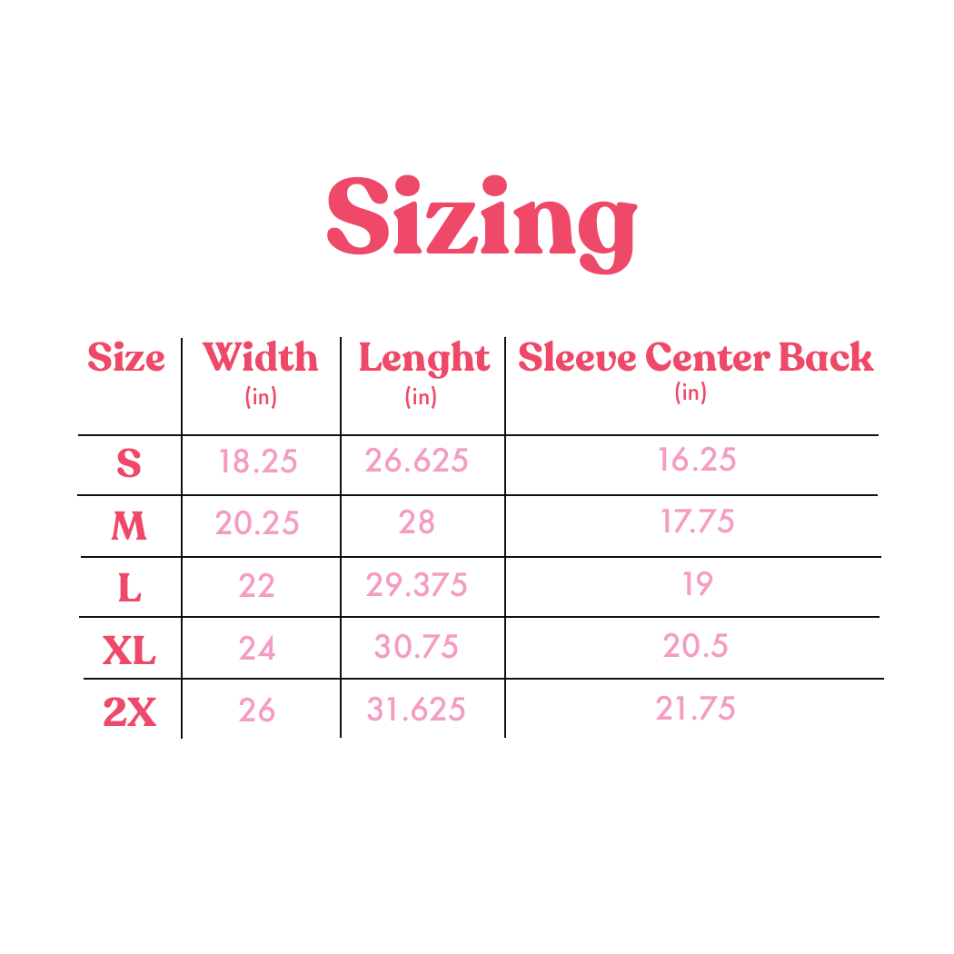 Gigli Merch sizing chart